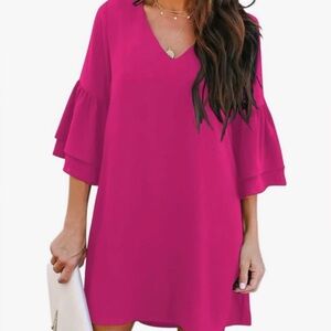 NWT Vibrant Pink V-Neck mini Dress with bell sleeves size medium